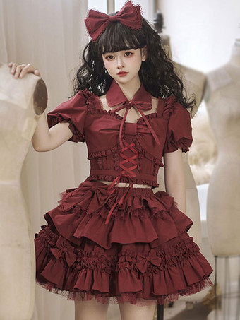 ワインレッド 【正规品】ゴスロリドレス リボン フリル 半袖 スカート トップス 女性 2セット