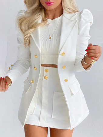 ツーピースセットホワイトポリエステルターンダウンカラーボタンカジュアルオーバーコート長袖女性用衣装