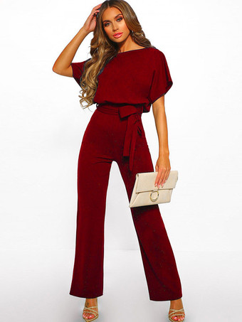 ワインレッド ディープ ブルー ジャンプスーツ レースアップ ポリエステル ノット ナチュラル ウエスト パンツ アウトフィット