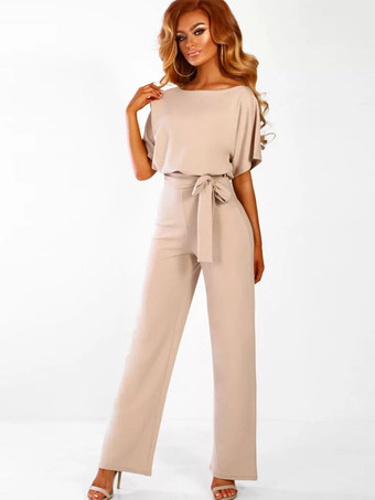 カーキ ディープ ブルー ジャンプスーツ レースアップ ポリエステル ノット ナチュラル ウエスト パンツ アウトフィット