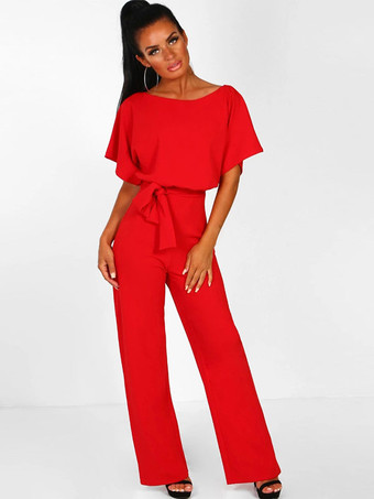 レッドディープ ブルー ジャンプスーツ レースアップ ポリエステル ノット ナチュラル ウエスト パンツ アウトフィット