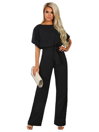 ブラック ディープ ブルー ジャンプスーツ レースアップ ポリエステル ノット ナチュラル ウエスト パンツ アウトフィット