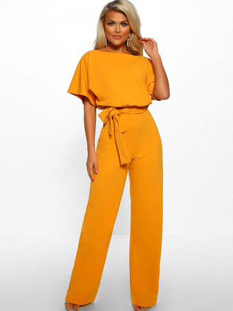 イエローディープ ブルー ジャンプスーツ レースアップ ポリエステル ノット ナチュラル ウエスト パンツ アウトフィット