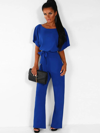 ロイヤルブルーディープ ブルー ジャンプスーツ レースアップ ポリエステル ノット ナチュラル ウエスト パンツ アウトフィット