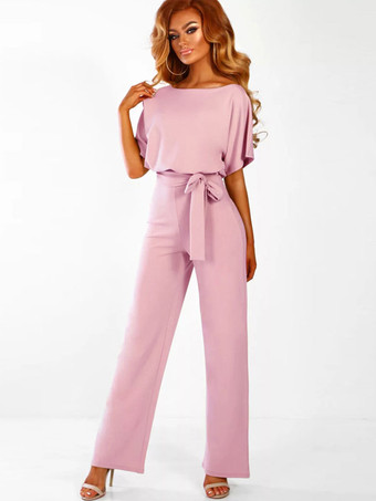 ピンク ディープ ブルー ジャンプスーツ レースアップ ポリエステル ノット ナチュラル ウエスト パンツ アウトフィット