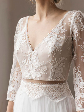 アイボリー ボヘミアン ウェディングドレス レース Aライン トレーン付き 長袖 Vネック ブライダルドレス 自由なカスタマイズ