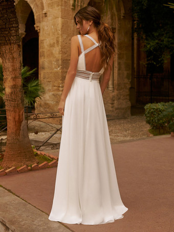 アイボリー ボヘミアン ウェディングドレス シフォン レース Aライン ノースリーブ Vネック ブライダルドレス ととも に トレーン 自由なカスタマイズ