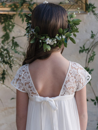 フラワーガールドレス レース ジュエルネック 半袖 アイボリー