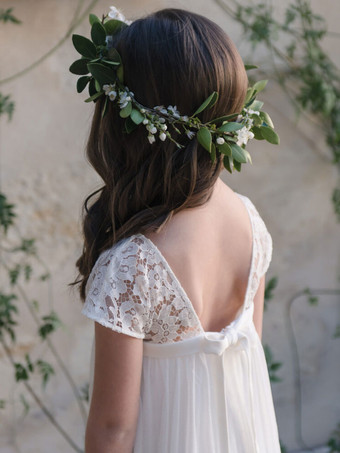 フラワーガールドレス レース ジュエルネック 半袖 アイボリー