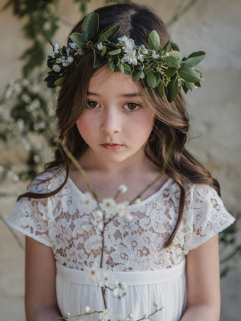 フラワーガールドレス レース ジュエルネック 半袖 アイボリー