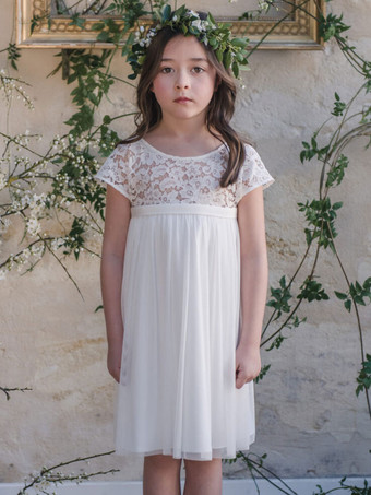 Vestido de menina de flores de renda jóia gola manga curta marfim