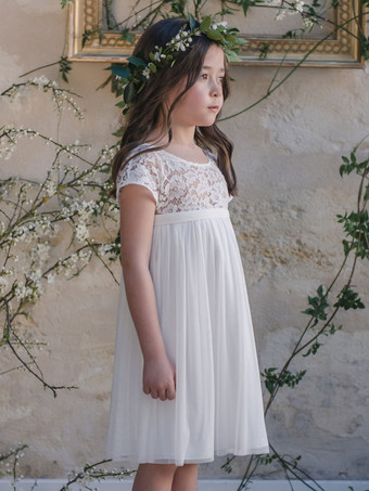 フラワーガールドレス レース ジュエルネック 半袖 アイボリー