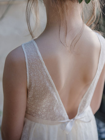 フラワーガールドレス ポリエステル レース ジュエルネック ノースリーブ アイボリー