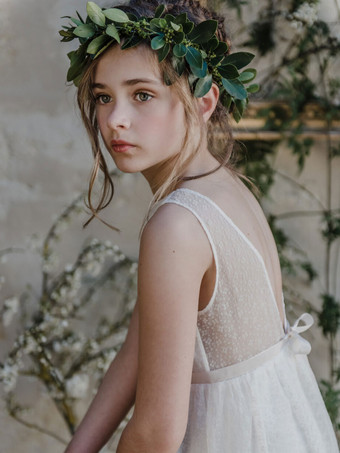 フラワーガールドレス ポリエステル レース ジュエルネック ノースリーブ アイボリー