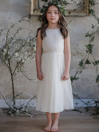 フラワーガールドレス ポリエステル レース ジュエルネック ノースリーブ アイボリー