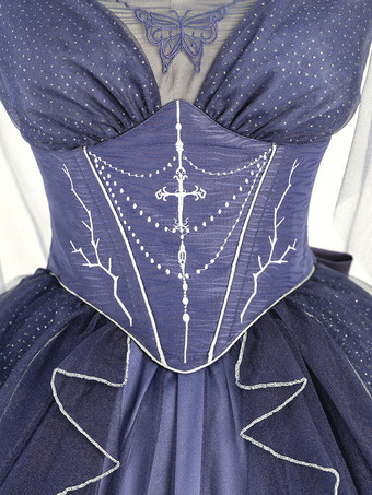 ロリータドレスティーパーティースタイルロリータスカートチェーンノースリーブポリエステルロリータウェディングドレス水玉ディープブルー