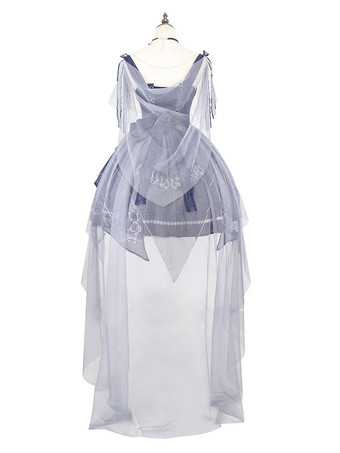 ロリータドレスティーパーティースタイルロリータスカートチェーンノースリーブポリエステルロリータウェディングドレス水玉ディープブルー