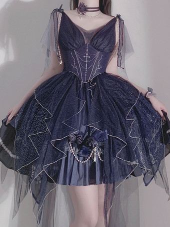 ロリータドレスティーパーティースタイルロリータスカートチェーンノースリーブポリエステルロリータウェディングドレス水玉ディープブルー