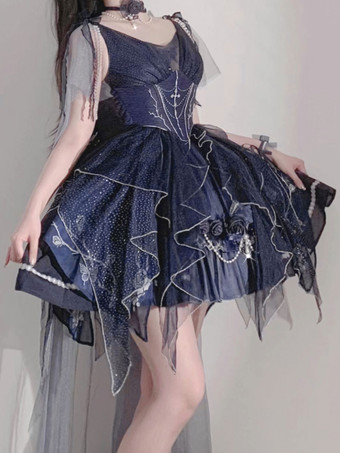 ロリータドレスティーパーティースタイルロリータスカートチェーンノースリーブポリエステルロリータウェディングドレス水玉ディープブルー