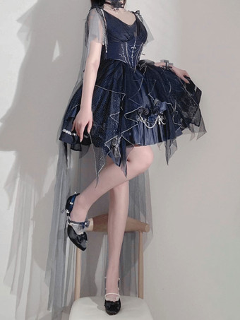 ロリータドレスティーパーティースタイルロリータスカートチェーンノースリーブポリエステルロリータウェディングドレス水玉ディープブルー