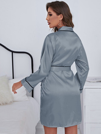 パジャマ 寝間着 グレー サッシュ Vネック 長袖 シルクのようなランジェリー