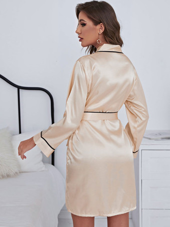 パジャマ 寝間着 グレー サッシュ Vネック 長袖 シルクのようなランジェリー