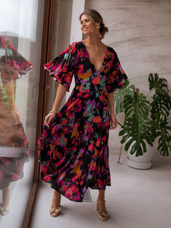 誕生日サマードレス ブラック Vネック フリル プリントポリエステル ビーチドレス