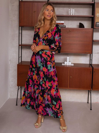 誕生日サマードレス ブラック Vネック フリル プリントポリエステル ビーチドレス