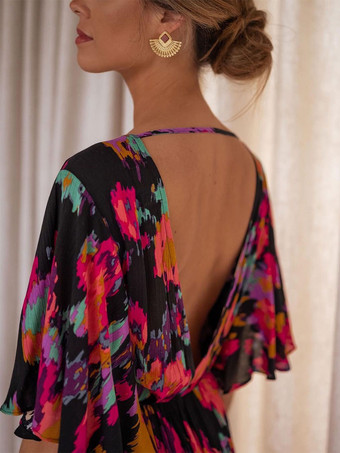 誕生日サマードレス ブラック Vネック フリル プリントポリエステル ビーチドレス