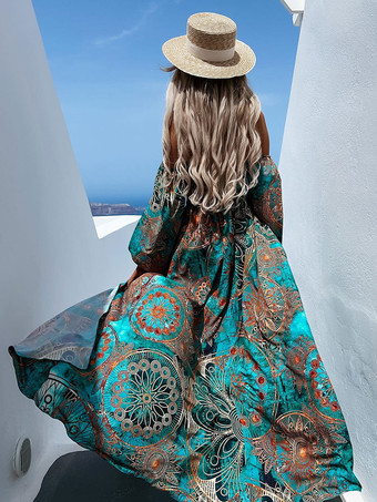 サマードレスシアンブルーバトーネックスプリットフロントプリントポリエステルビーチドレス