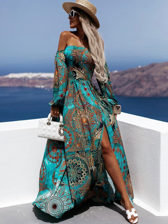 Sommerkleid Cyanblaues Strandkleid aus bedrucktem Polyester mit Bateau-Ausschnitt und Schlitz vorne