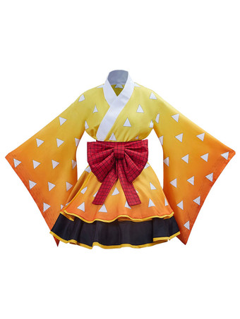 Demon Slayer: Kimetsu no Yaiba Agatsuma Zenitsu Orange Kimono Maid Dress Cosplay Kostüm