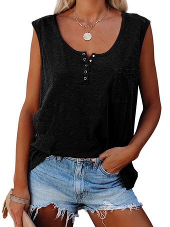 Camisola negra con cuello en V y botones  camisola informal de poliéster para mujer