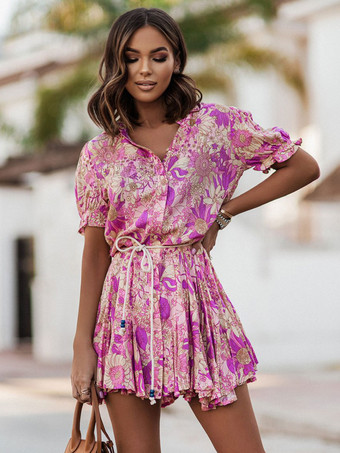 パープル スケータードレスフローラルプリントポリエステルターンダウンカラーレースアップレッドセクシー半袖フレアドレス