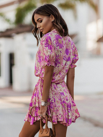 スケータードレスフローラルプリントポリエステルターンダウンカラーレースアップレッドセクシー半袖フレアドレス