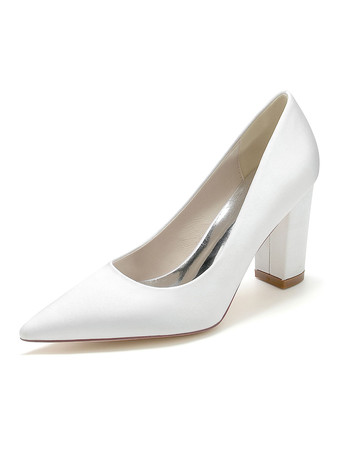 ホワイト 女性のブライダルシューズサテンポインテッドトゥチャンキーヒールブライダルシューズ