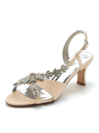 シャンパンカラーサテンブライダルシューズラインストーンオープントゥキトゥンヒールウェディングシューズ