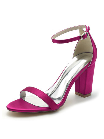 ローズレッド女性の結婚式の靴サテンオープントゥチャンキーヒールブライダルシューズ