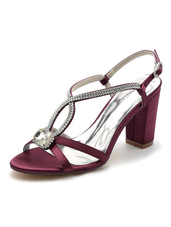 Burgundy Women's Bridal Shoes Rhinestones Satin Open Toe Chunky Heel Bridal Shoes