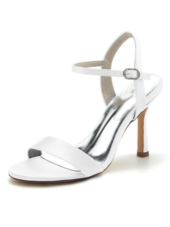 ホワイト 女性の結婚式の靴サテンオープントゥチャンキーヒールブライダルシューズ