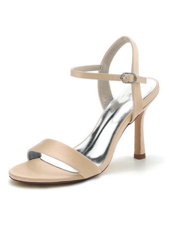 シャンパンカラー女性の結婚式の靴サテンオープントゥチャンキーヒールブライダルシューズ