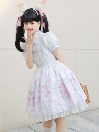 Lolita Dresses Tea Party Style Lolita Skirt Ruffles Short Sleeves Polyester Sweet Bunny Pattern White