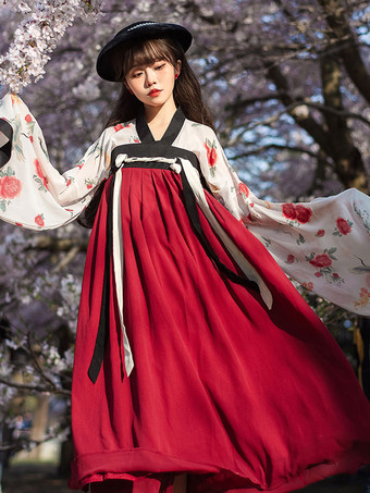 Robe Lolita Style Chinois Manches Longues Polyester Style Chinois Imprimé Floral Rouge