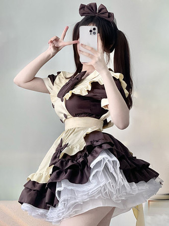 Süßes Lolita-Kleid aus Polyester mit kurzen Ärmeln und Rüschen
