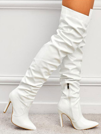 ホワイト レディース スティレットヒール PU ブライトレザー オーバーザニーブーツ