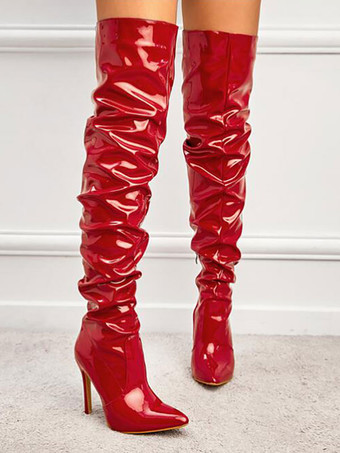レディース スティレットヒール PU ブライトレザー オーバーザニーブーツ
