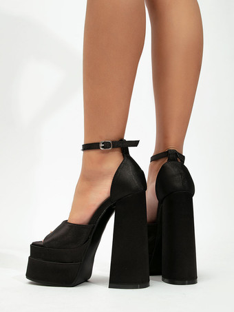 ブロックヒールサンダルサテンスクエアトーアンクルストラップハイヒールサンダル