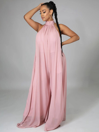 ピンク パープル ジャンプスーツ ノースリーブ バックレス シフォン ワイド 夏 ワンピース コーデ