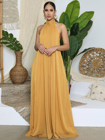 イエローパープル ジャンプスーツ ノースリーブ バックレス シフォン ワイド 夏 ワンピース コーデ