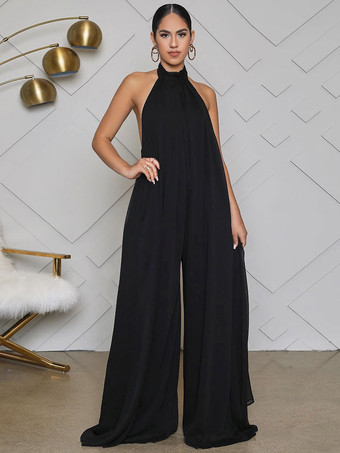 ブラック パープル ジャンプスーツ ノースリーブ バックレス シフォン ワイド 夏 ワンピース コーデ